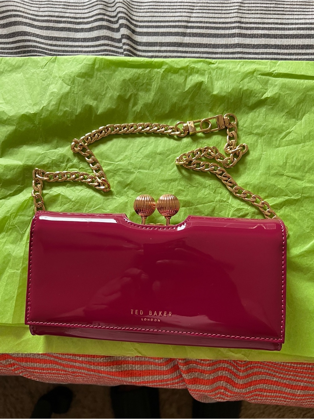 Ted Baker Patent Clutch in Deep Magenta with Gold Clasp